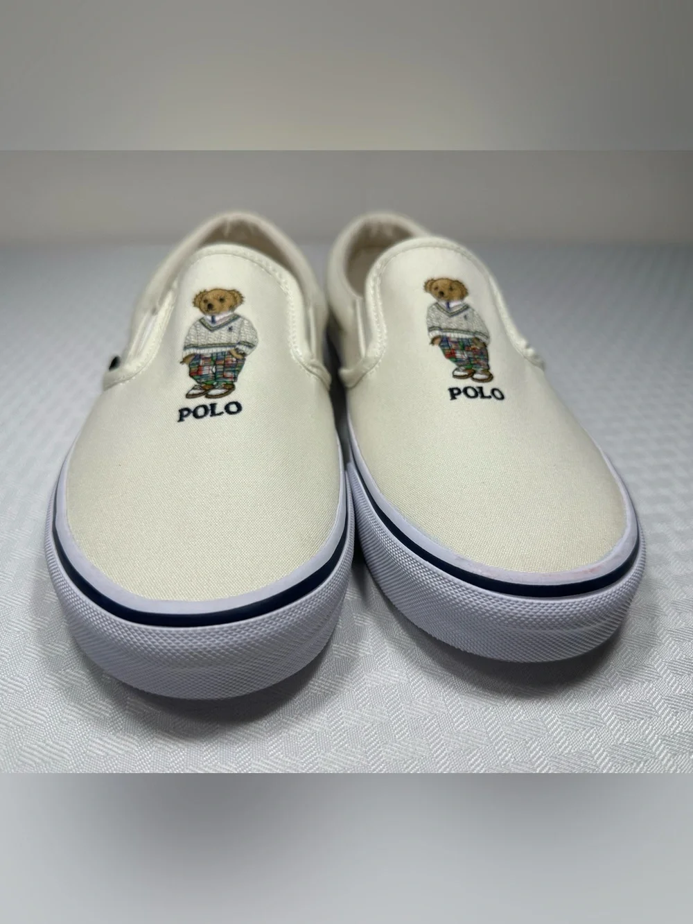 Polo Ralph Lauren Keaton Slip-On Bear Men's 10 Canvas Cream Sneaker Shoes EXC!